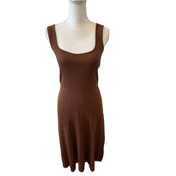 Vince Ribbed Knit Square Neck Midi Dress Chestnut Hazelnut Brown S - Picture 2 of 9